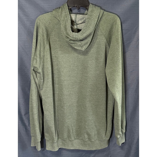 Back view of Just4Wear large heather green pullover hoodie showing attached hood, raglan sleeves and ribbed hem.