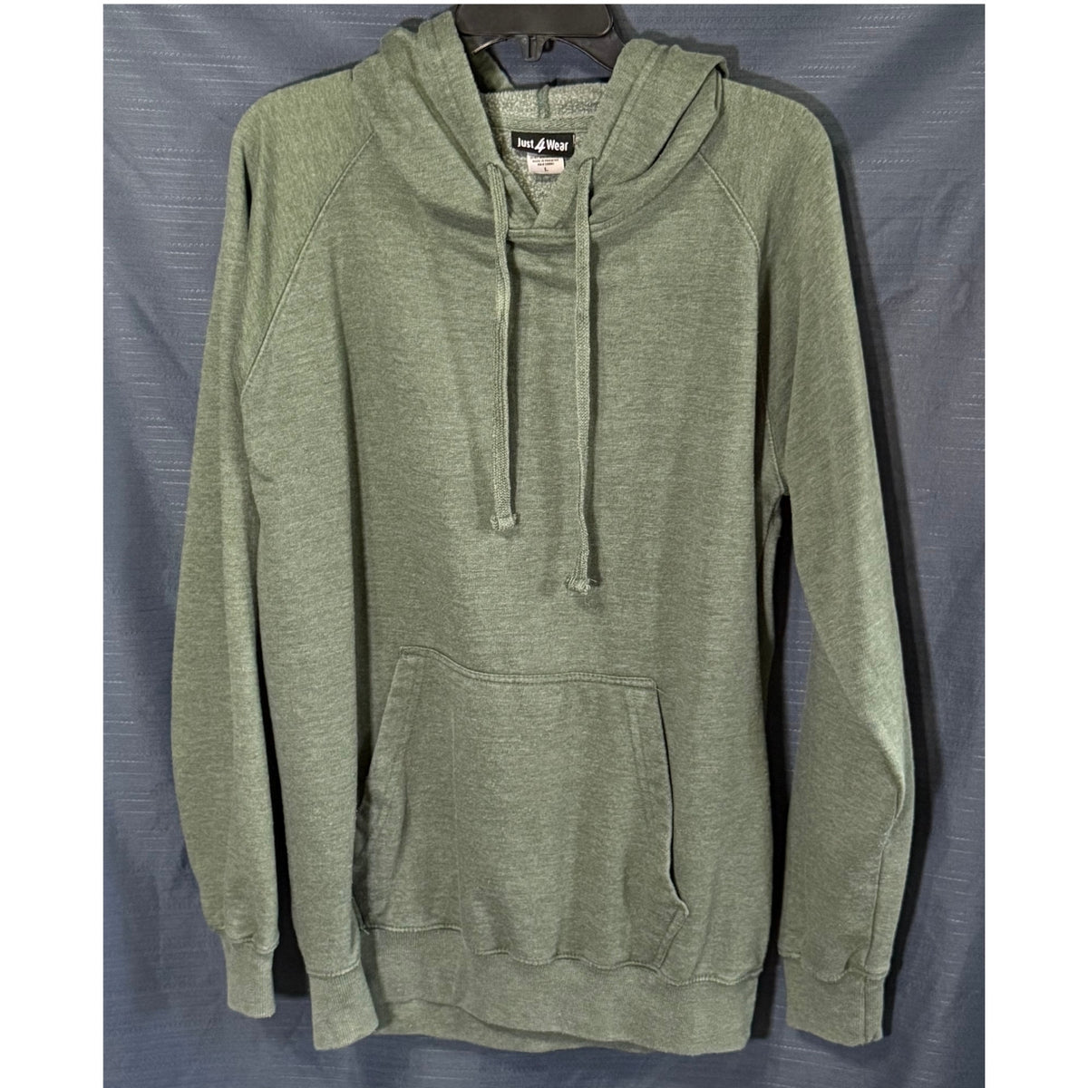 Front view of Just4Wear large heather green pullover hoodie with drawstring hood, kangaroo pocket and long raglan sleeves.