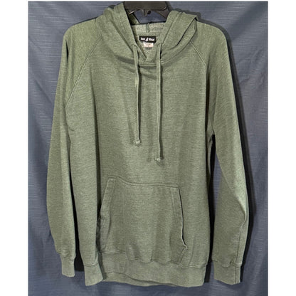 Front view of Just4Wear large heather green pullover hoodie with drawstring hood, kangaroo pocket and long raglan sleeves.