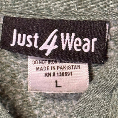 Just4Wear size large brand label inside heather green pullover hoodie.