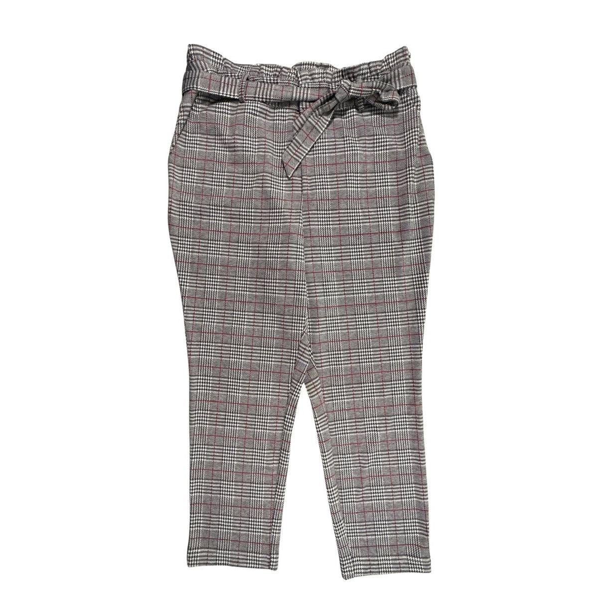 Front view of JustFab women’s 1X plaid paperbag-waist pants with matching tie belt