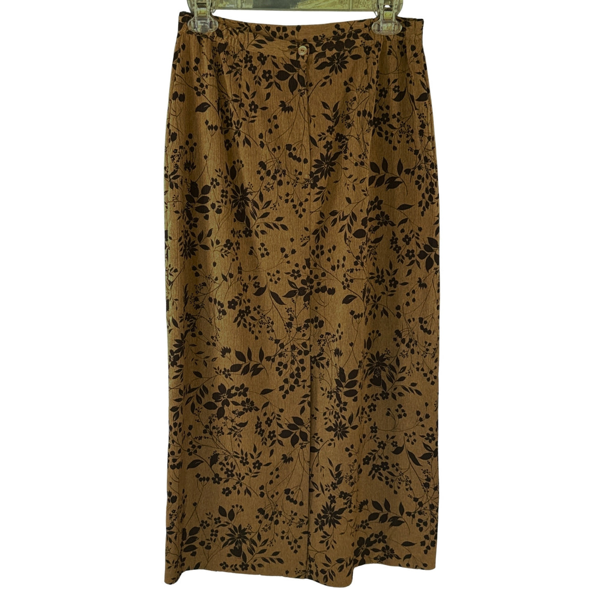 Back view of Kathie Lee Collection brown and black floral maxi skirt showing long silhouette and waistband closure.
