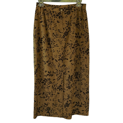 Back view of Kathie Lee Collection brown and black floral maxi skirt showing long silhouette and waistband closure.