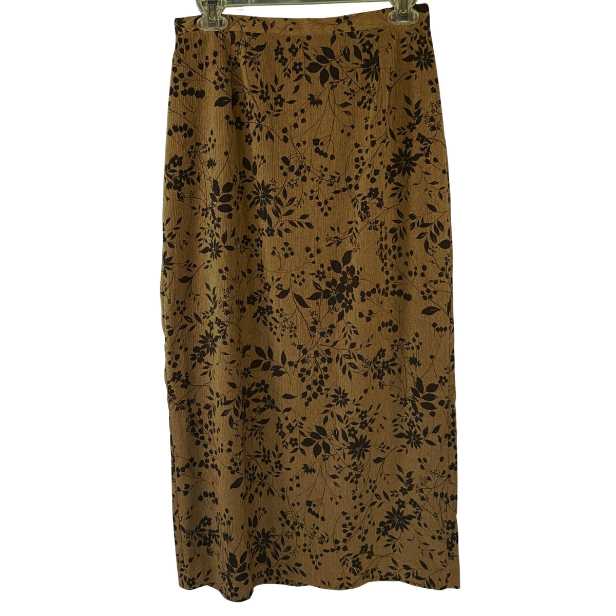 Kathie Lee Collection women's size 12 brown maxi skirt with black floral botanical print and long straight silhouette.