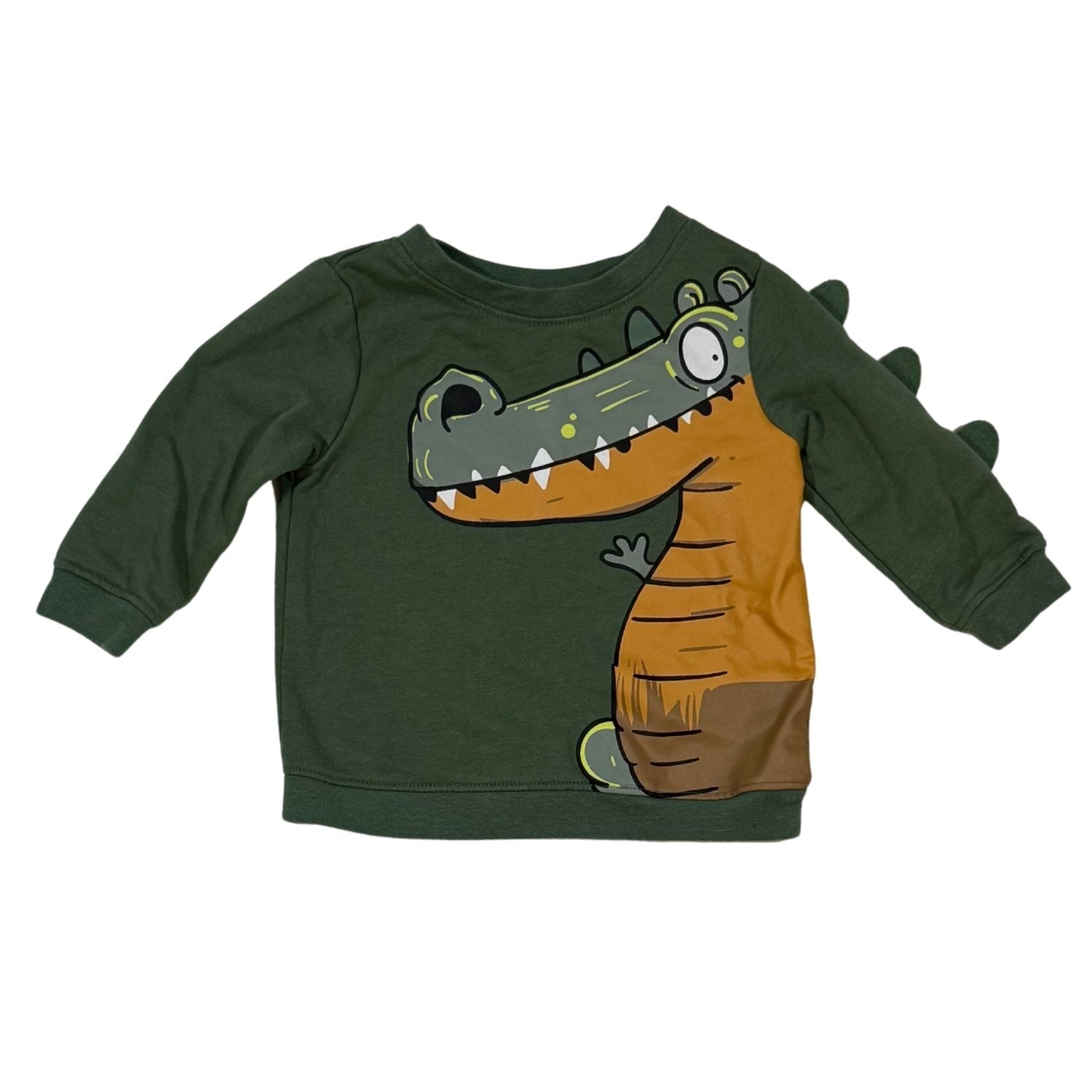 Front of Kidgets baby boy green sweatshirt with alligator graphic and sleeve spikes