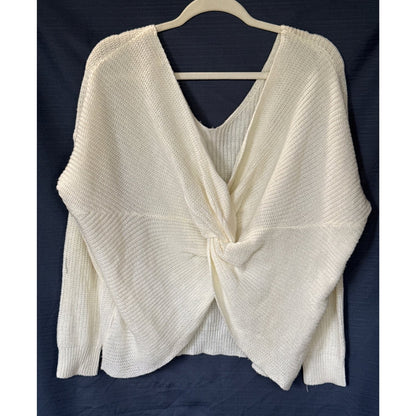 Front view of an ivory Lara Fashion sweater with a draped twist front, V-neckline, and long sleeves.