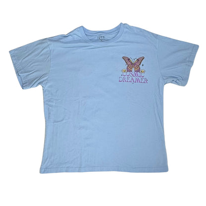 Womens light blue Cosmic Dreamer t-shirt with butterfly embroidery front view