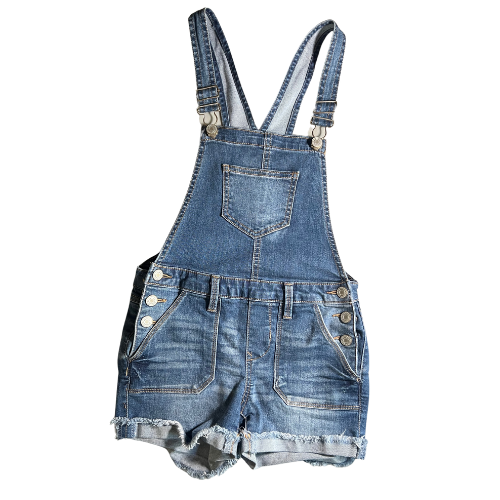 front. Gently used blue jean overalls for big girls size 8, by So, featuring snap sides, 5 pockets, rolled-up legs, and belt loops. Made from 68% cotton, 24% recycled polyester, 7% rayon, and 1% spandex. Our Families Attic