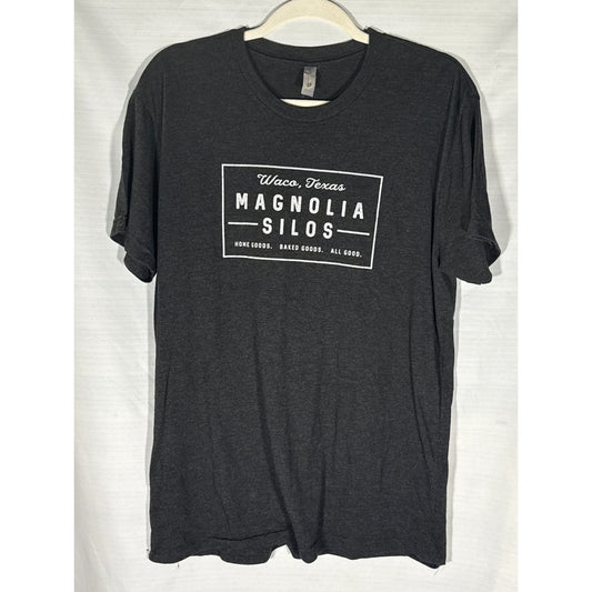 Front of heather black Magnolia Silos Waco graphic T-shirt with white print.
