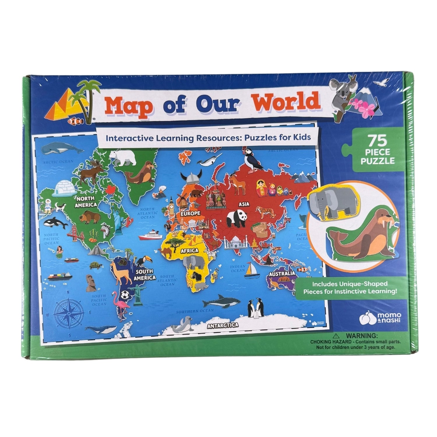 Front image of Map of Our World 75-piece children's puzzle by Momo & Nashi sealed in original packaging. 