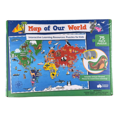 Front image of Map of Our World 75-piece children's puzzle by Momo & Nashi sealed in original packaging. 