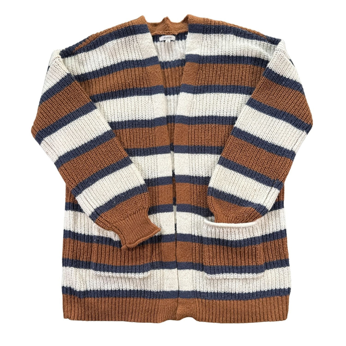 Front of Maurices women’s large open-front knit cardigan with brown, navy blue, and cream stripes