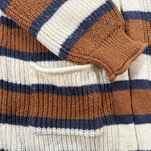 Close-up of rolled-edge cuff, patch pocket, striped knit, and pilling on Maurices cardigan