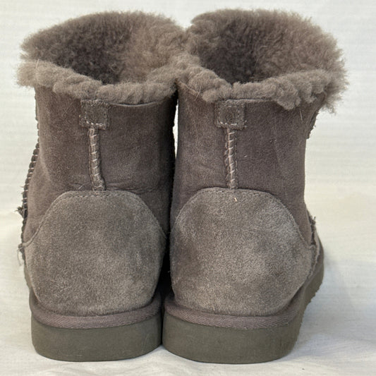 Back view of Member's Mark gray suede short boots showing heel panels, vertical stitching, and fluffy collars.