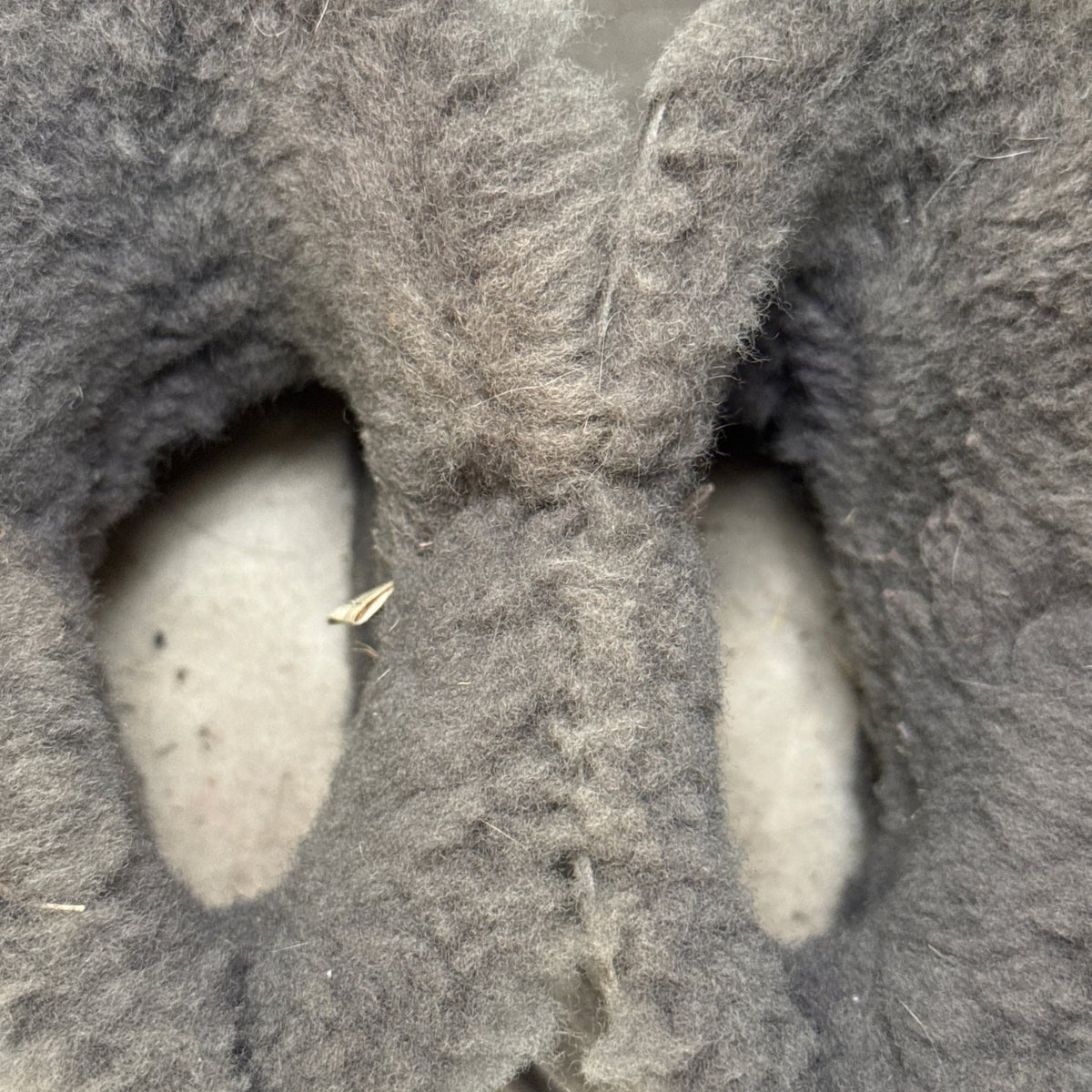 Close-up of the fluffy interior lining of Member's Mark sheepskin boots showing the inside footbeds and signs of use.