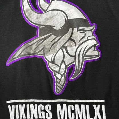 Close-up of Minnesota Vikings graphic with distressed print, purple embroidered outline, and Vikings MCMLXI lettering
