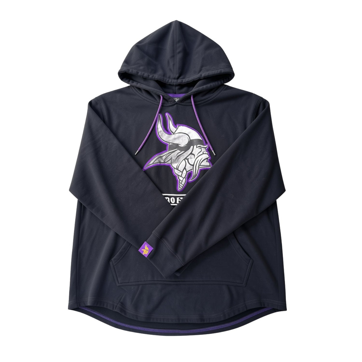Close-up of small purple Minnesota Vikings logo patch near the cuff of the black hoodie