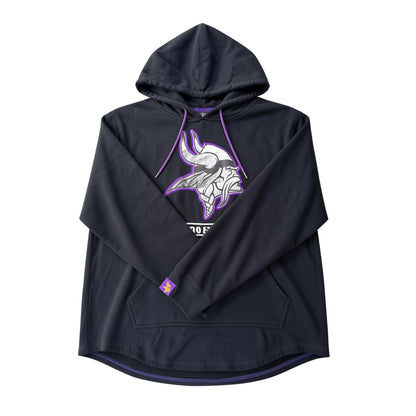 Close-up of small purple Minnesota Vikings logo patch near the cuff of the black hoodie