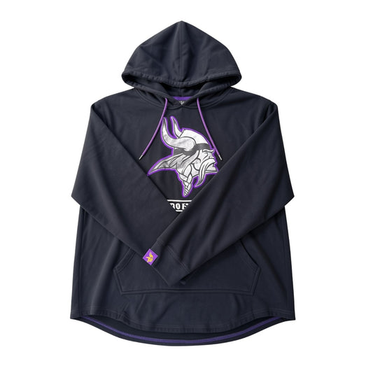 Close-up of small purple Minnesota Vikings logo patch near the cuff of the black hoodie