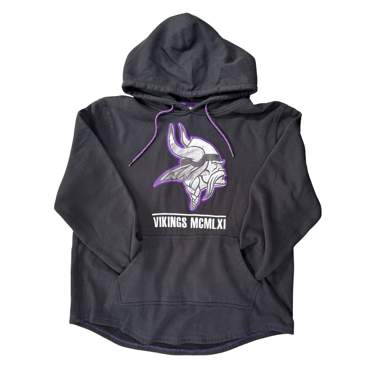 Front view of black NFL Team Apparel Minnesota Vikings women’s XL pullover hoodie with purple accents and kangaroo pocket