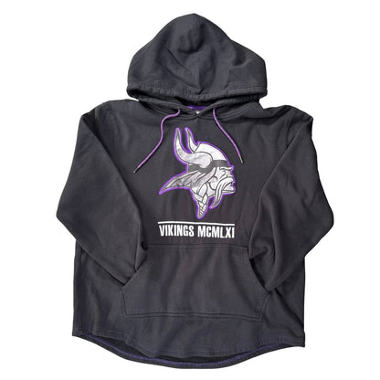 Front view of black NFL Team Apparel Minnesota Vikings women’s XL pullover hoodie with purple accents and kangaroo pocket
