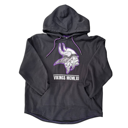 Front view of black NFL Team Apparel Minnesota Vikings women’s XL pullover hoodie with purple accents and kangaroo pocket