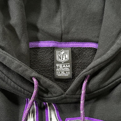 NFL Team Apparel women’s XL brand label and purple drawstrings inside the black Vikings hoodie