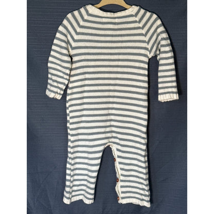 Back of Mud Pie baby sweater romper with white and gray horizontal stripes, long sleeves, and full-length legs.