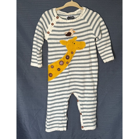 Mud Pie striped knit baby romper size 6–9 months with yellow giraffe and bird appliqués, decorative buttons, and shoulder and inseam closures.