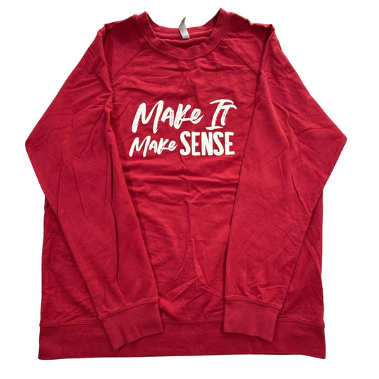 Front of Next Level Apparel XL dark red raglan sweatshirt with white Make It Make Sense graphic