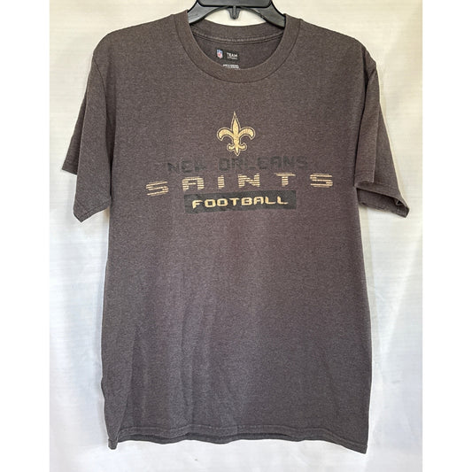 Front view of a charcoal gray New Orleans Saints T-shirt with a gold fleur-de-lis and faded Saints Football lettering.