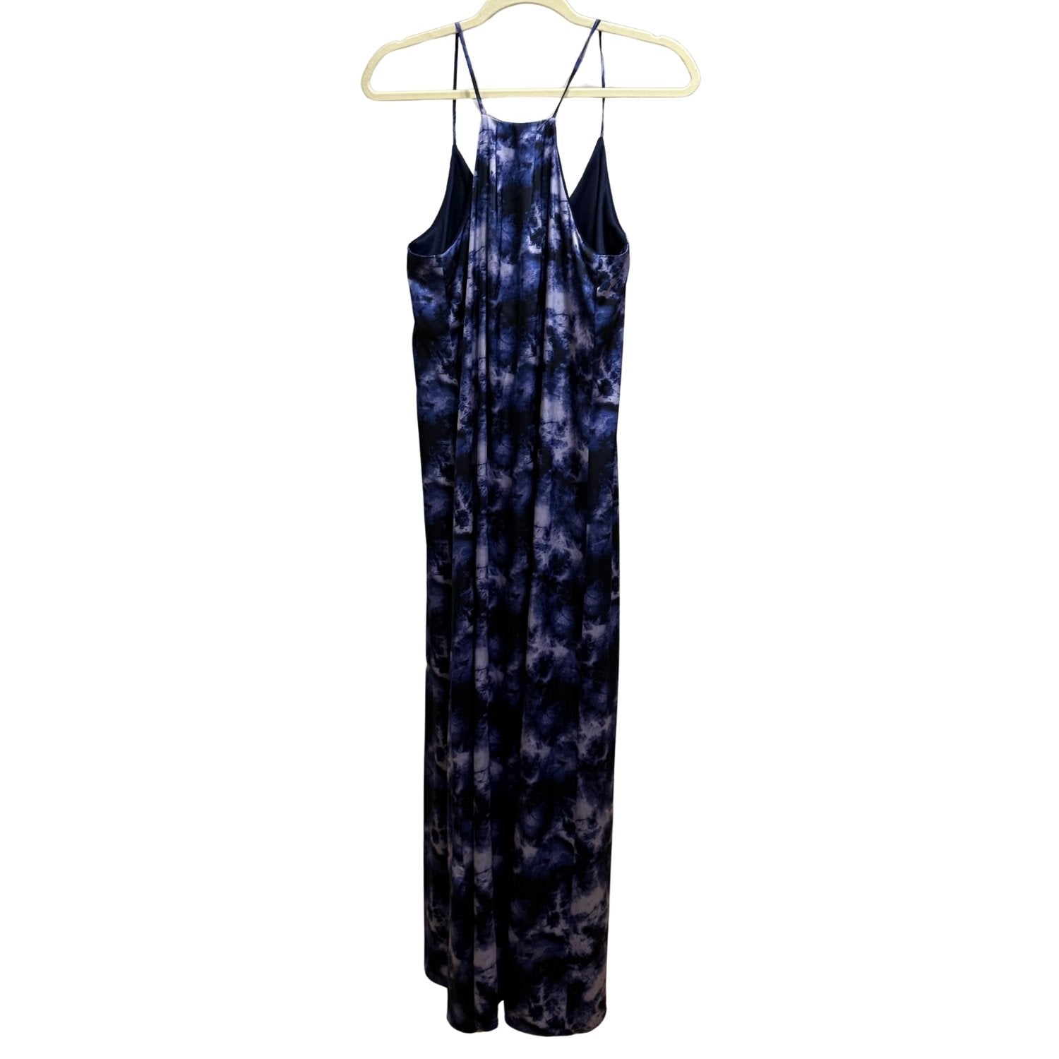 Back view of Nicole Miller New York women's purple tie-dye racerback maxi dress.