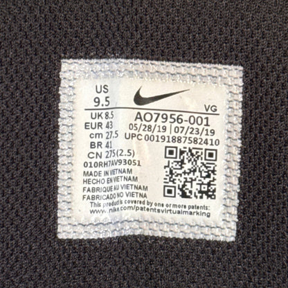 Nike shoe label showing US size 9.5, UK 8.5, EU 43, and style number AO7956-001.