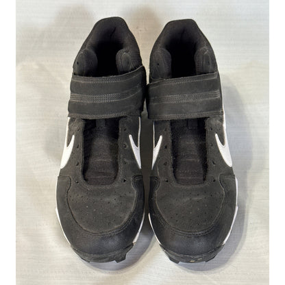 Front view of black Nike baseball cleats showing perforated toes, ankle straps, and missing shoelaces.