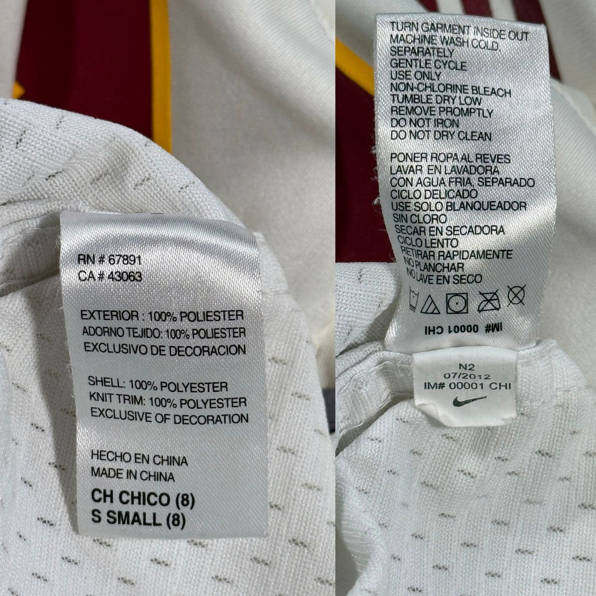 Care label showing youth Small size 8 and 100% polyester material