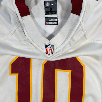 Close-up of NFL shield and printed number 10 on Robert Griffin III youth jersey