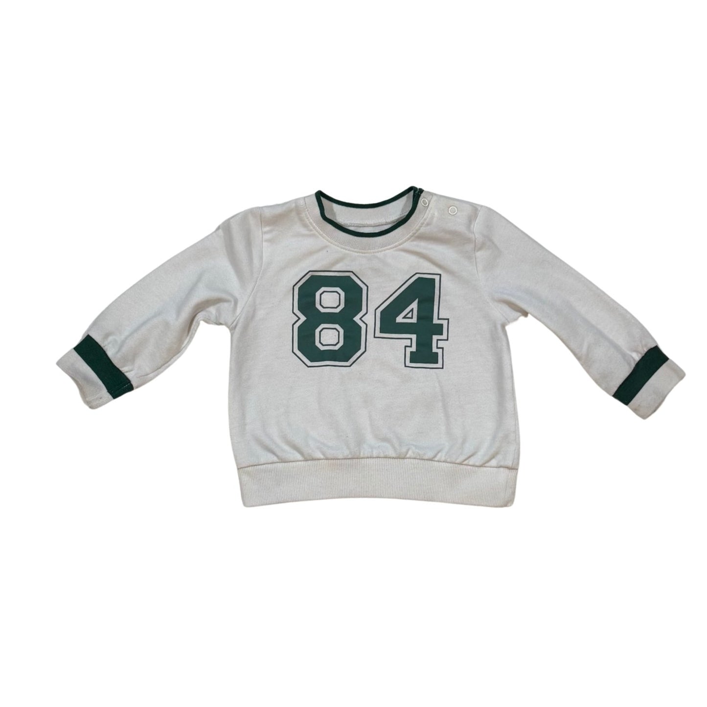 Okie Dokie baby boy white sweatshirt with green varsity 84 graphic size 12 months front