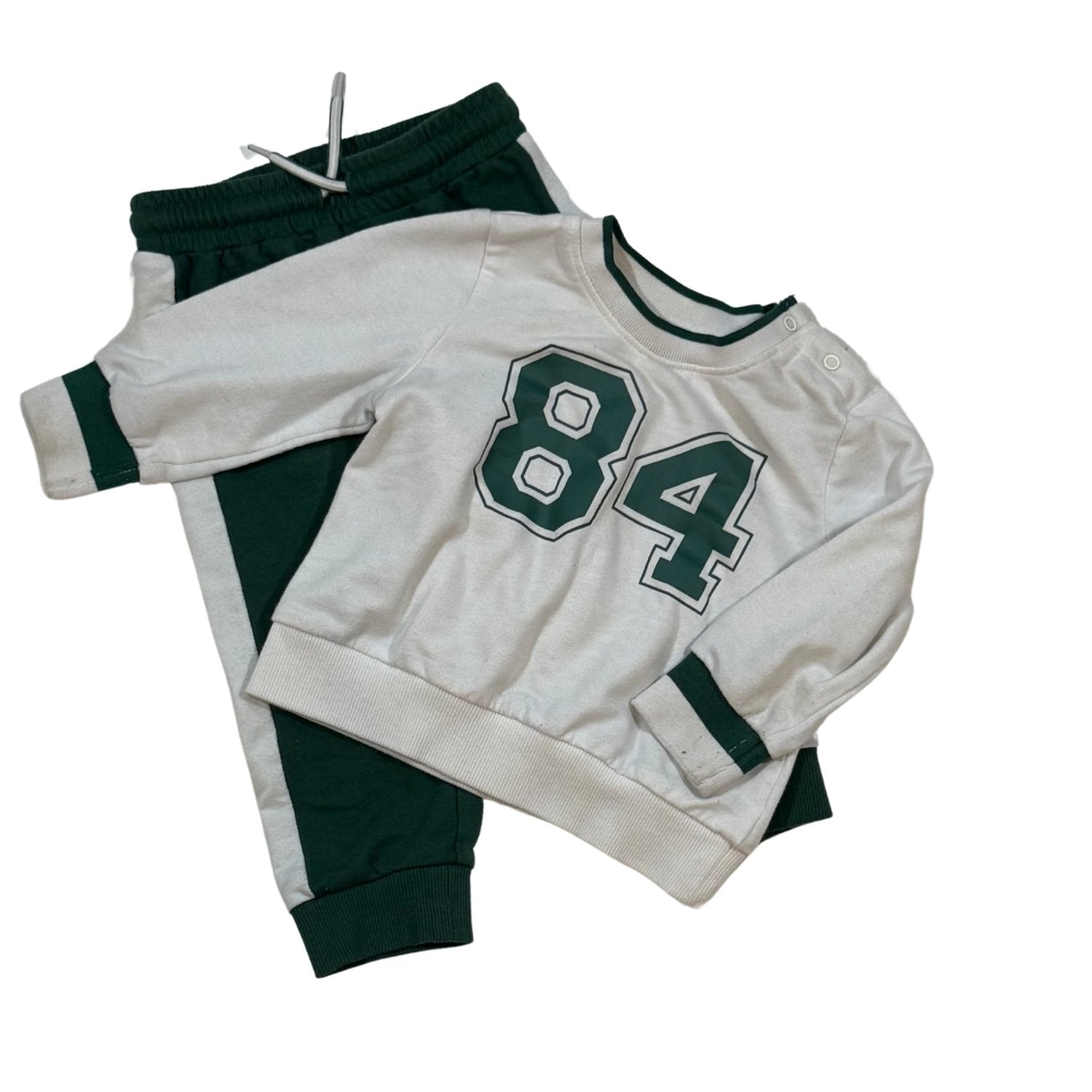 Okie Dokie baby boy white and forest green 84 sweatshirt and jogger set size 12 months