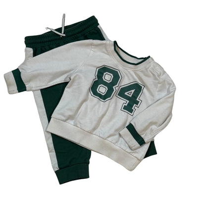 Okie Dokie baby boy white and forest green 84 sweatshirt and jogger set size 12 months