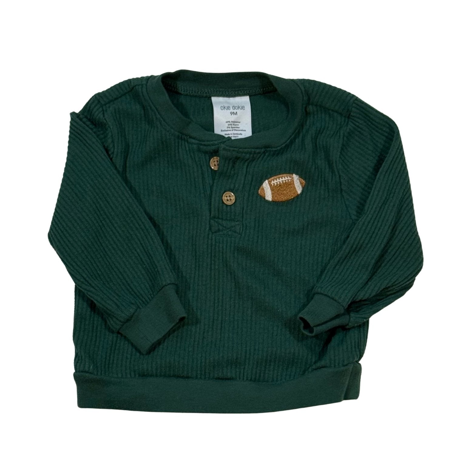 Okie Dokie baby boy forest green ribbed Henley top with embroidered football appliqué size 9 months