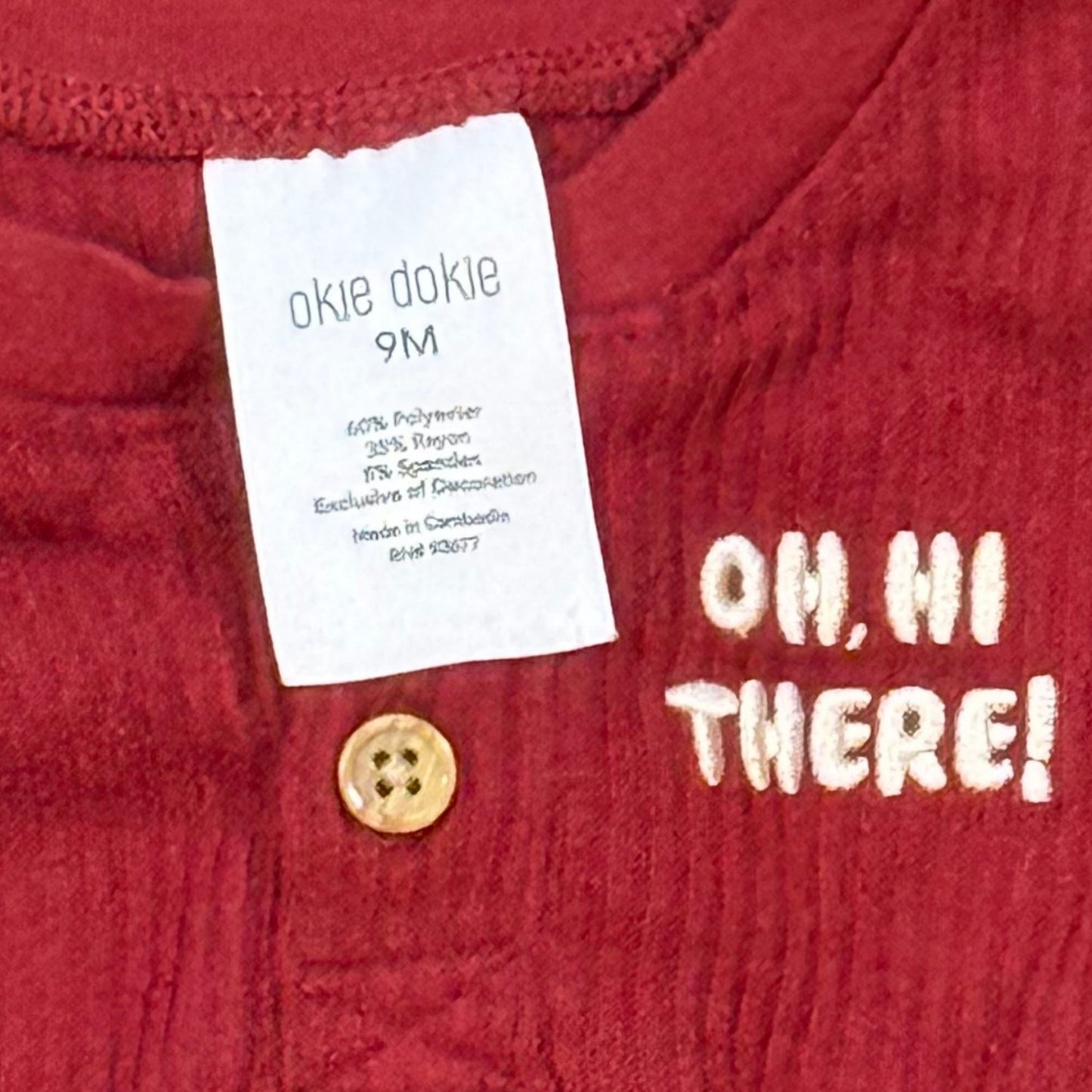 Okie Dokie baby boy size 9 months tag and Oh Hi There embroidered detail