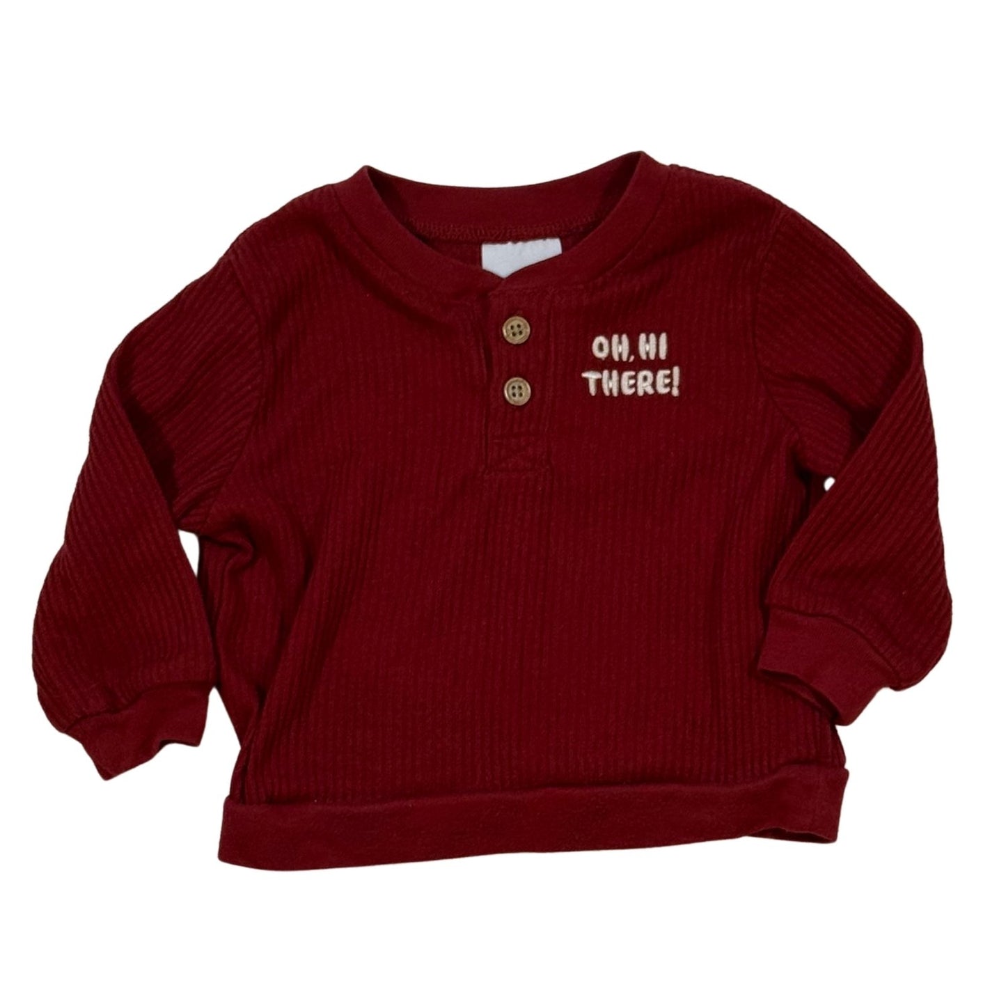 Okie Dokie baby boy red ribbed long sleeve top with Oh Hi There embroidered design