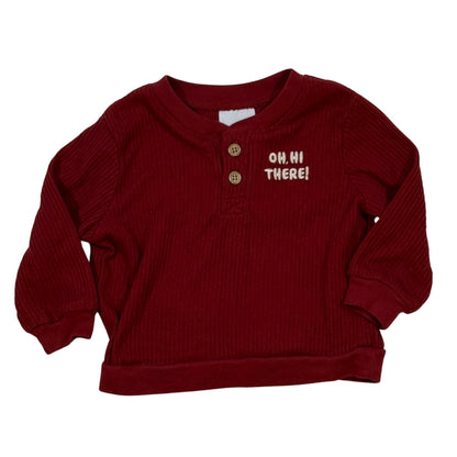 Okie Dokie baby boy red ribbed long sleeve top with Oh Hi There embroidered design