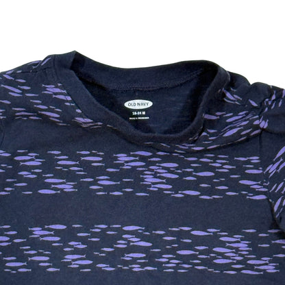 Close-up of Old Navy 18-24 month size label and purple fish print