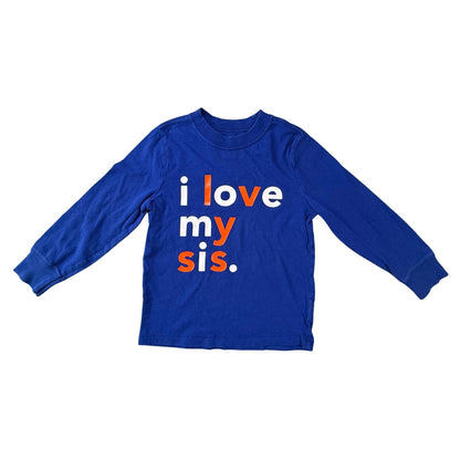 Full front view of Old Navy toddler size 5T blue I Love My Sis long sleeve shirt