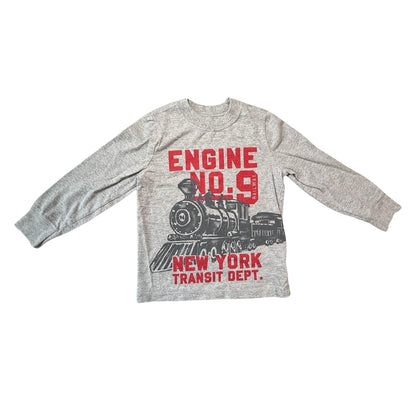 Full front view of Old Navy boys size 5T heather gray train graphic long sleeve shirt