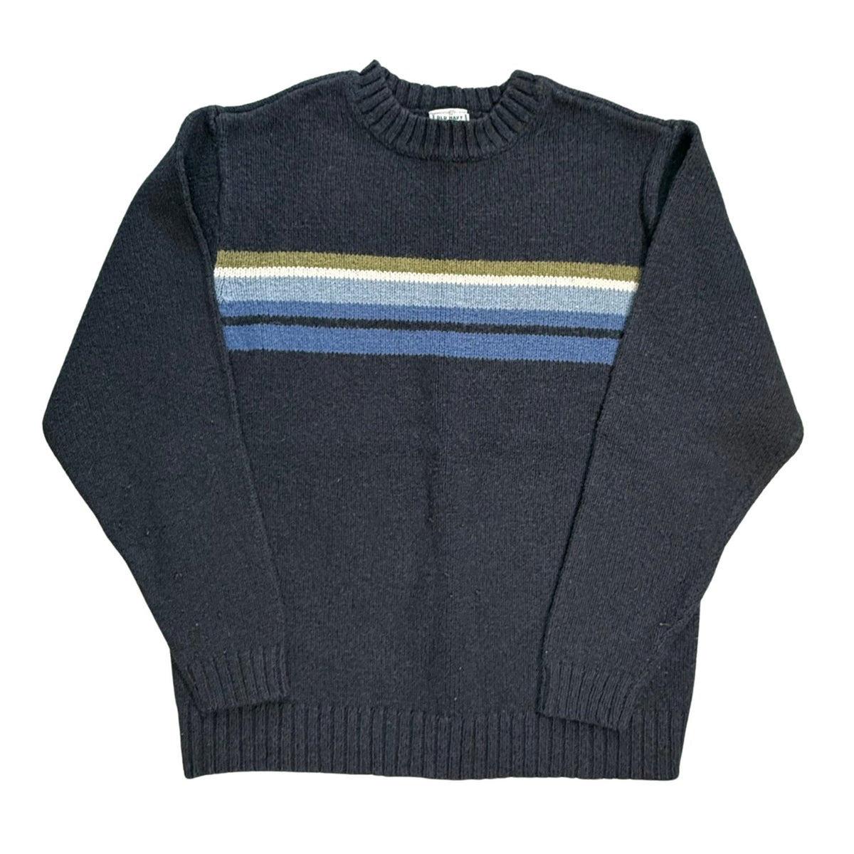Front view of Old Navy boys navy blue mock-neck sweater size Medium with multicolored chest stripes