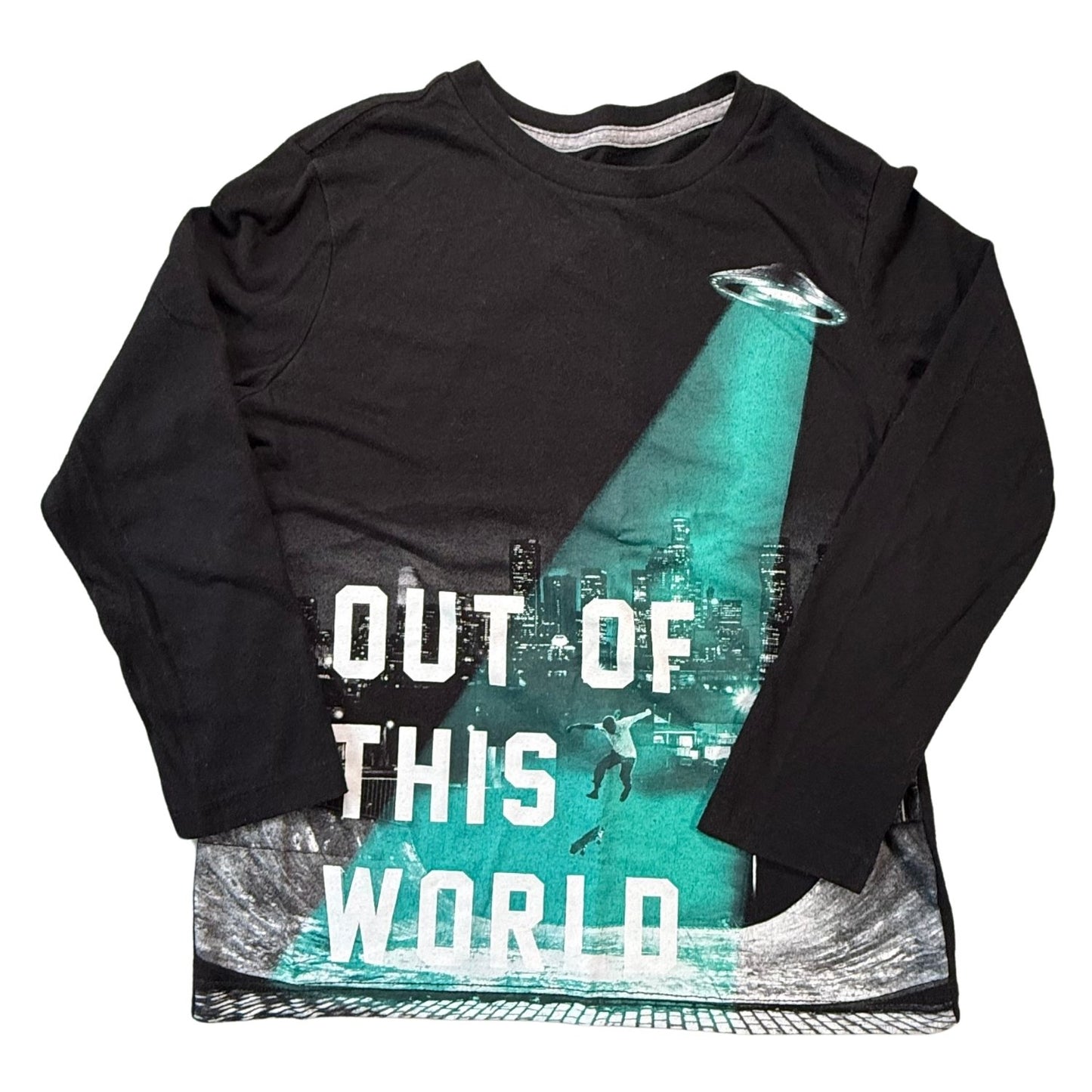 Old Navy Boys Size 8 Black “Out of This World” Graphic Long Sleeve T-Shirt