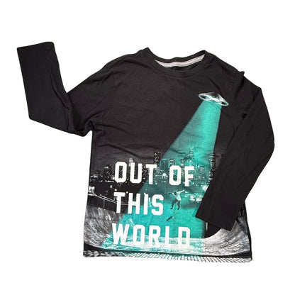 Old Navy boys size 8 black long sleeve shirt with UFO city skateboarder Out of This World graphic