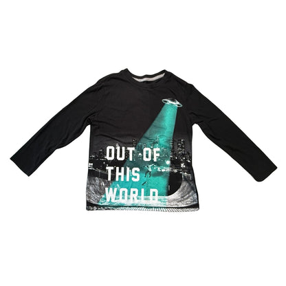 Full front view of Old Navy boys size 8 black Out of This World graphic long sleeve shirt
